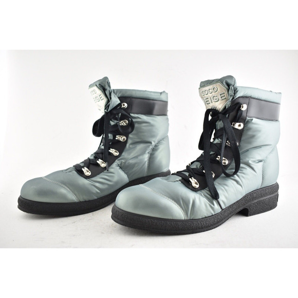 Chanel 18B Green Black Nylon CC Logo Coco Neige Snow Winter Lace Up Tie Boots 42 - Picture 6 of 10